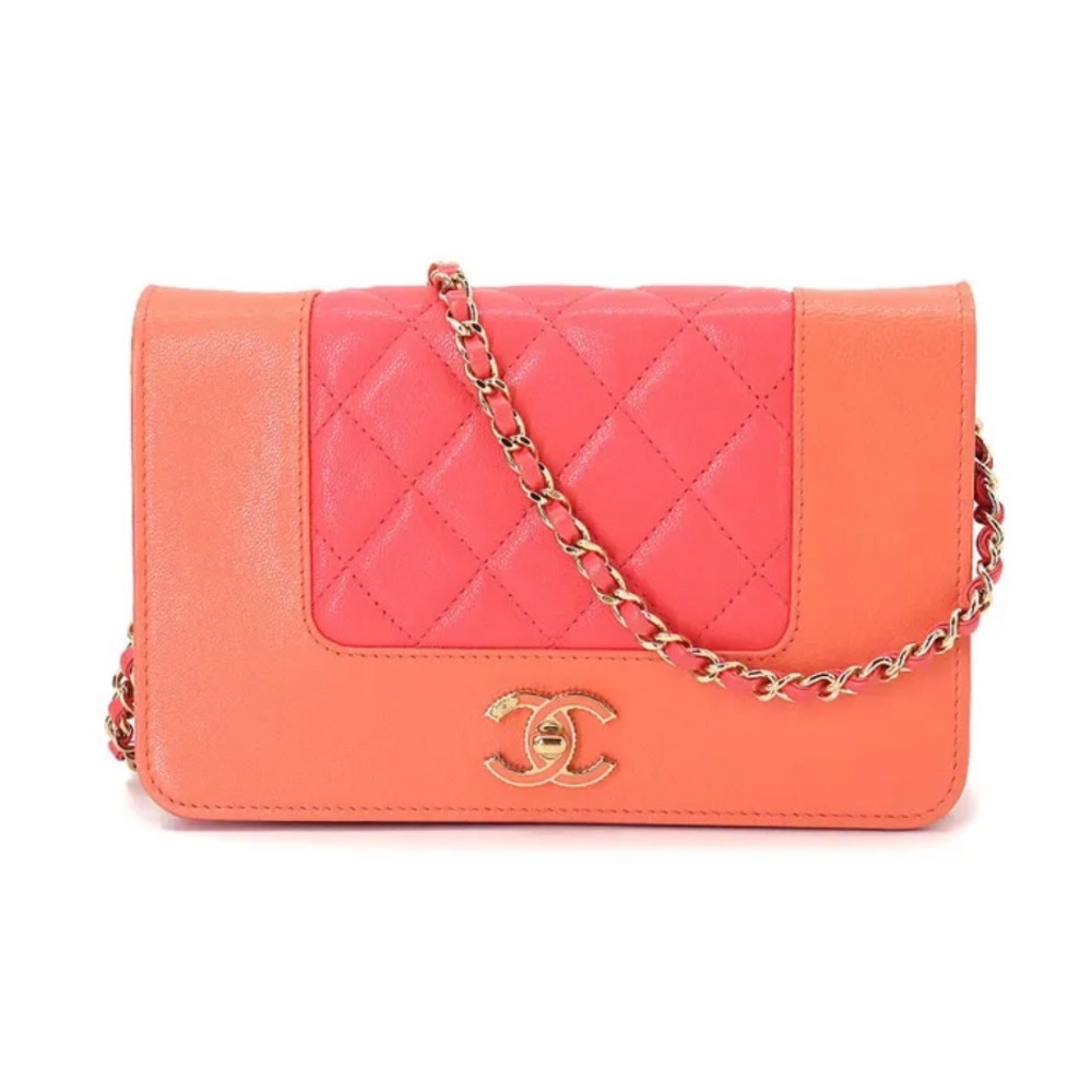 CHANEL Mademoisell Matelasse Chain Wallet Leather Pink Orange